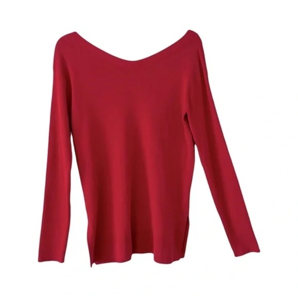 Lafayette 148 | Red Ribbed Knit V-Neck Sweater, Small - Picture 3 of 6